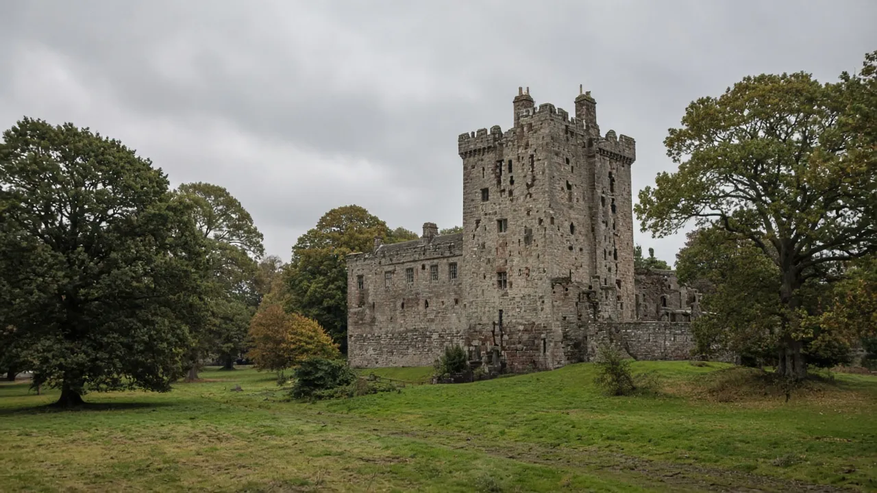 Dean Castle in parkland under a grey sky, Kilmarnock, East Ayrshire