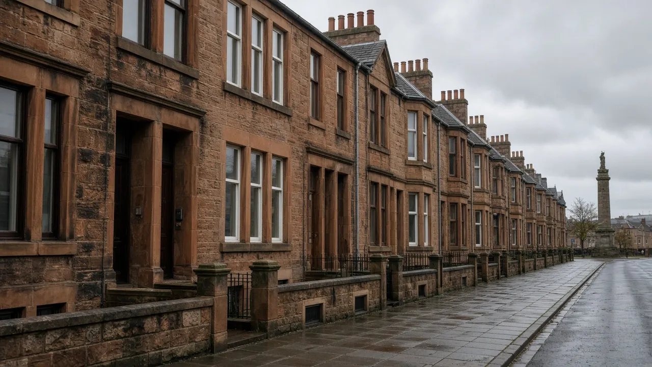 Sandstone street with windows in Kilmarnock, East Ayrshire