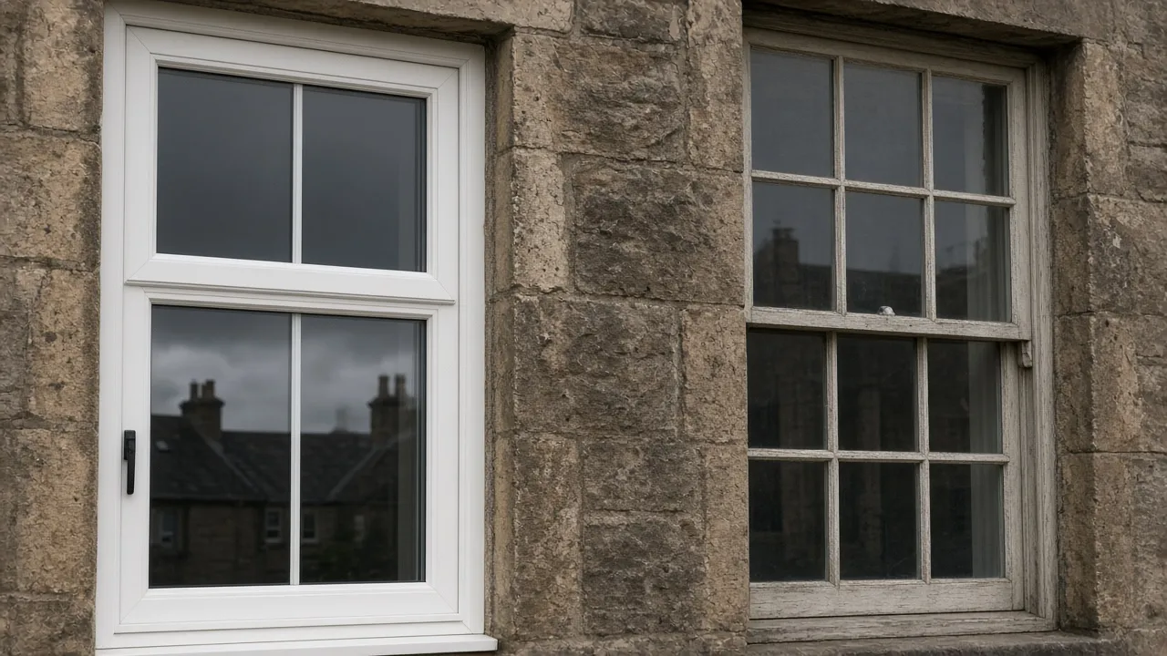 UPVC and timber window frames on a sandstone wall, Kilmarnock, East Ayrshire